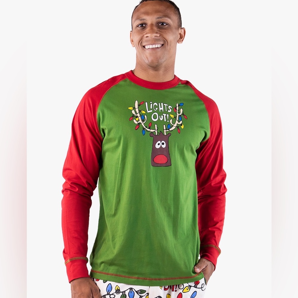 Lazy One NWT! Unisex Green Red Tee Lights Out Long Sleeve Pajama Top Size Xs